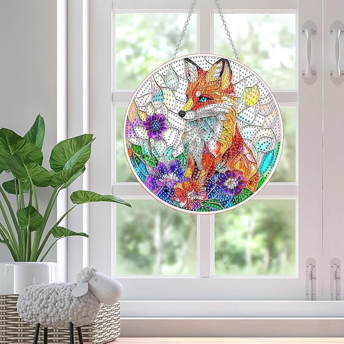 SKRYUIE Fox Hanging Diamond Art Kits for Adults Pendant Suncatcher, Special Shaped Crystal DIY Pearl Diamond Painting Kit, Gift for Mother Spring Summer Window Wreath Decor 7.48 x 7.32 Inch A35