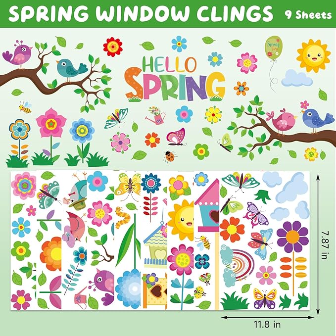 9 sheets spring window clings for glass windows, hello spring stickers decals decor for kids, summer decorations for classroom, home, office