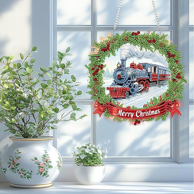 TOSTOG Hanging Diamond Art Kits for Adults, Christmas Train Diamond Paintings for Adults, Diamond Art Kits Window Pendant, 5D Diamond Paintings Hanging Pendant Kit Wall Decor Gift