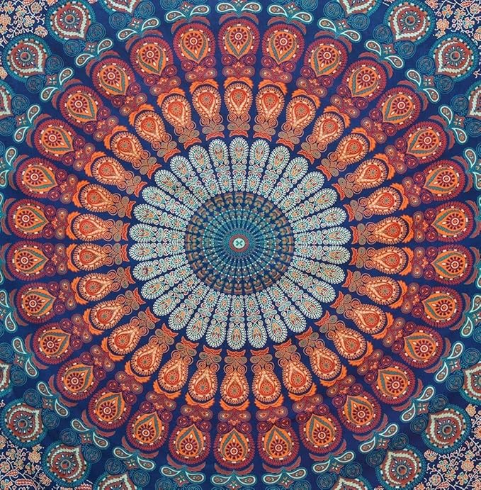 bless international handmade indian hippie bohemian psychedelic peacock mandala wall hanging college dorm beach throws table cloth bedding tapestry (golden blue, poster(30x40inches)(76x101cms))