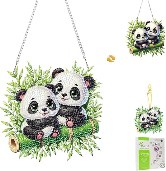 Masendp Panda Diamond Painting Double-Sided Hanging Ornament Set, DIY Irregular Shaped Rhinestone Window Decoration Set, Suitable for Home and Garden Wall Decoration Gifts