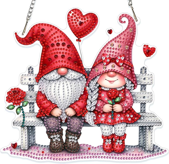 GHHKUD Gnomes Couple Diamond Art Hanging Kit for Adults, DIY Double Sided Diamond Painting Hanging Love Kits Adults, Special Shaped Acrylic Ornaments Pendants for Window Home Garden Wall