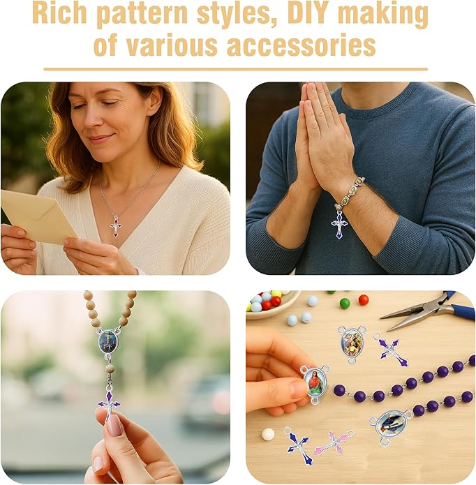 220 Pcs/ 110 Set Rosary Making Kits Supplies Cross and Center Medal Charm Alloy Picture Religious Charms Crucifix Pendant for DIY Prayer Bracelet Necklace Jewelry