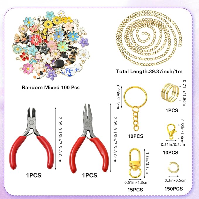 Ornaland 288 Pcs Lip Gloss Keychain Making Kit Jewelry Plier Bracelet Necklace Lanyard Making Kit Include Chains Jump Rings Clasps Alloy Enamel Charms for DIY Craft（Mixed Color）