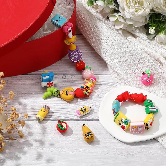 24 Pcs 3D Silicone Focal Beads Pens Beads Bulk for Beadable Keychain DIY Crafts Necklace Bracelet Phone Chain Charms Jewelry Making (Teachers' Day)