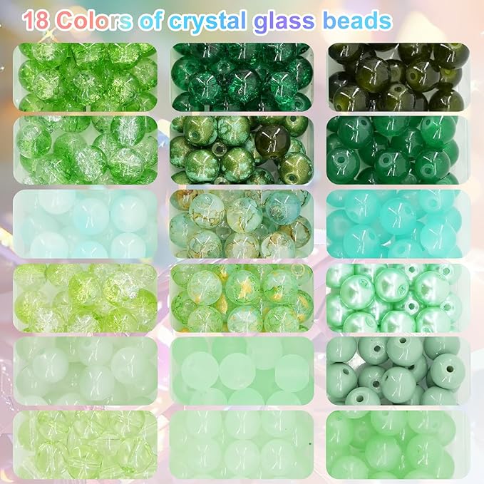 Hanyoung St. Patrick 8mm Glass Beads for Bracelet,18 Colors 450 pcs Green Beads for Jewelry Making kit, Crystal Glass Round Beads for DIY Crafts Gifts (Green Color)