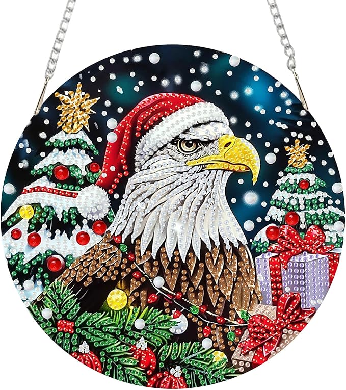 SENQAO Christmas Diamond Art Hanging Kits for Adults Kids, Eagle Diamond Art Suncatchers, 5D Special Shape Diamond Painting Pendant Window Ornament Gifts for Home Door Wall Decor