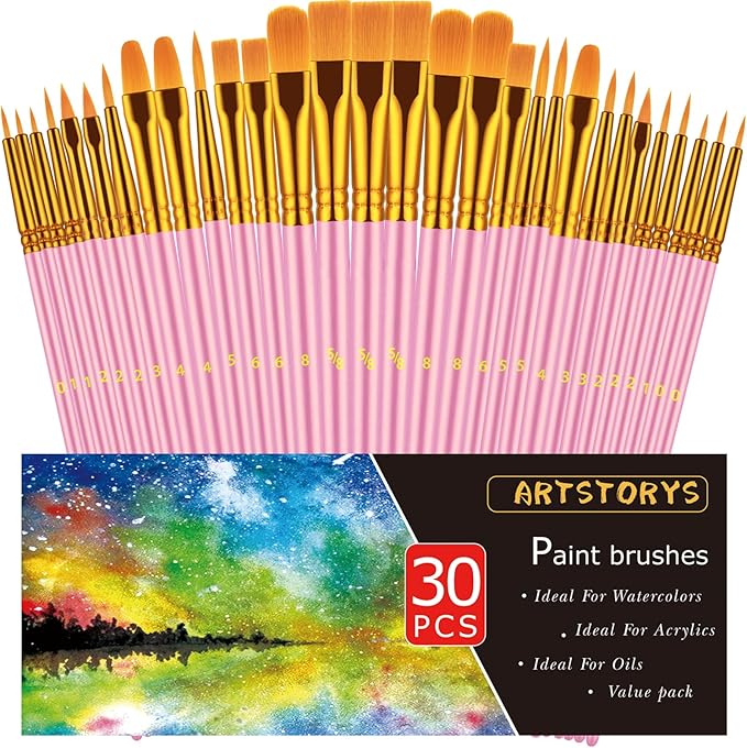 Paint Brushes Set, 30 Pcs Paint Brushes for Acrylic Painting, Oil Watercolor Acrylic Paint Brush, Artist Paintbrushes for Body Face Rock Canvas, Adult Drawing Arts Crafts Supplies, Pink