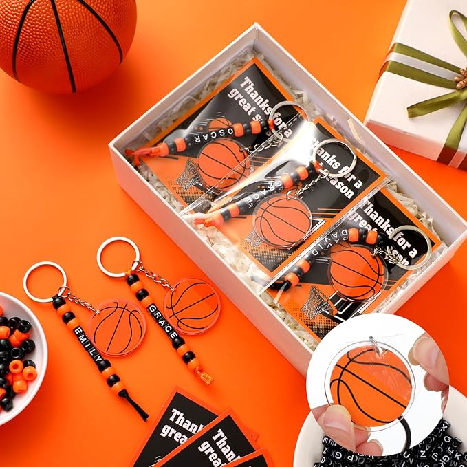 Suncalla 984 Pcs 24 Set Basketball Keychain Making Kit DIY Basketball Bag Tag Sport Key Chain Crafts Adjustable Letter Beads Cards Kit Team Gift Accessories Party Favors for Adult (Orange Black)