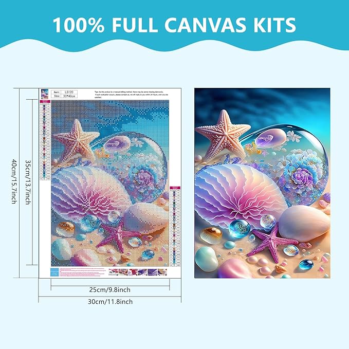 SENQAO Beach Diamond Painting Kits for Adults, Round Full Drill Sea Shells Starfish Diamond Art Kits, DIY 5D Diamond Painting Beach Diamond Art Kits Picture for Home Wall Decor 30x40cm