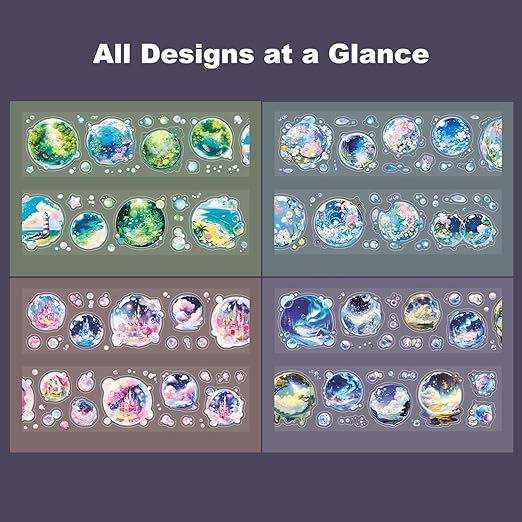 4 Rolls Bubble World PET Sticker Tape Set, Pre-Cut Bubble Scene Designs - Each Roll 1.97in x 78.74in for Scrapbook Journal Planner, DIY Crafts, Cards, Gift Wrap