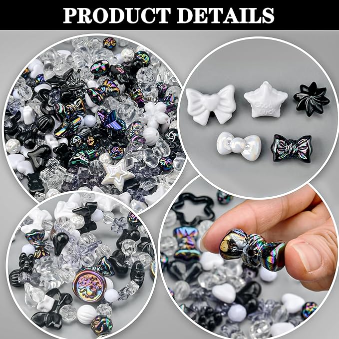 ABONDEVER 245-300Pcs Assorted Acrylic Beads for Bracelets Making Cute Star Bow Flower Candy Heart Gummy Bear Butterfly Beads for DIY Jewelry Crafts Keychain Necklace Phone Charms(Black)