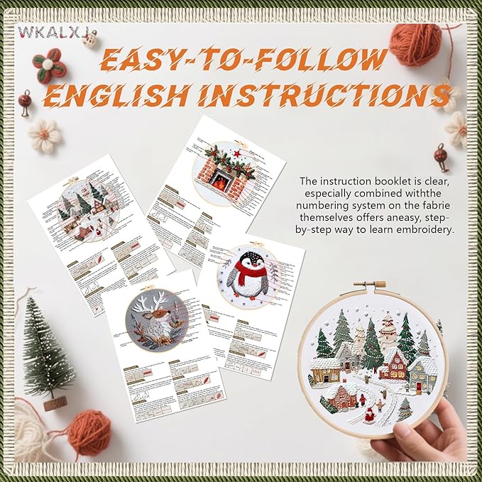 wkalxj 4 sets embroidery kits for beginners adults, cross stitch kits, needlepoint kits with instruction, video, needle point kits with resort penguin fireplace elk patterns (4 sets d)