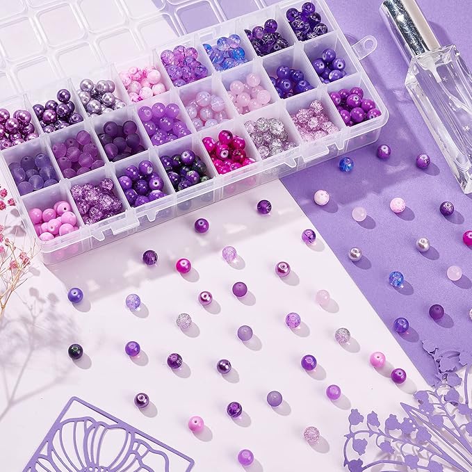 PH PandaHall 720pcs 8mm Purple Glass Beads 24 Color Round Bracelet Beads Loose Crystal Bead Craft Bead Bulk for Summer Friendship Bracelet Necklace Earring Jewelry Making DIY Craft Party Ornament
