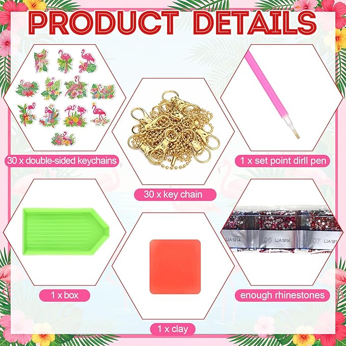 Huquary 30 Pcs Summer Diamond Painting Keychains Animals Flamingo Diamond Art Kit 5d Double Sided Diamonds Hanging Keychains for Adult Beginner DIY Crafts Party Gift