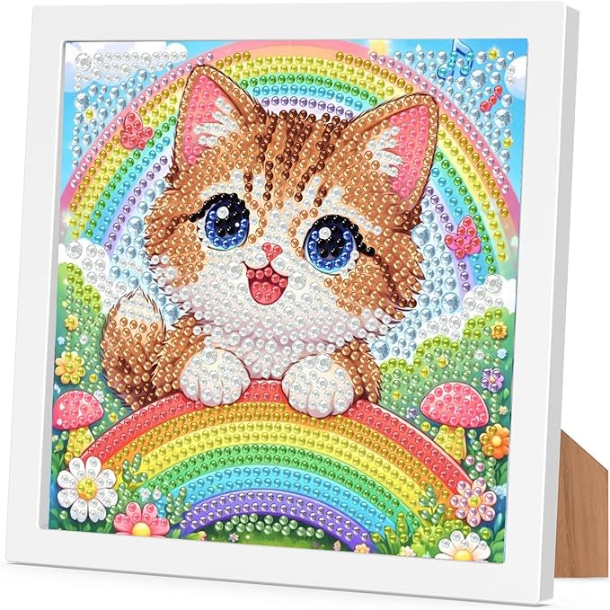 Cat Diamond Art Painting Kits for Kids with Frame, Animal Diamond Art for Kids Ages 4-8-12 with Frame, Easy Small Cute Gem Painting Kit for Gift Home Wall Decoration (7x7 inch)