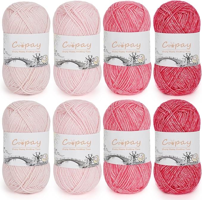 Coopay Yarn for Crocheting and Knitting - 78% Cotton 22% Acrylic - 8 Pack of 50g/1.76oz (CYC #2) - Soft Crochet Yarn Cake, Vibrant Color for Toys, Sweaters, Scarves, Hats - Beginner Friendly (Pink)