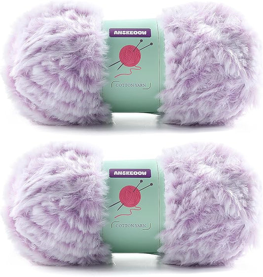 2 Skeins Faux Fur Yarn Soft Fluffy for Crocheting - Chunky Fuzzy Yarn for Crochet Amigurumi, Hat, Shawls, Total Length (71x2) Yards (Purple White)