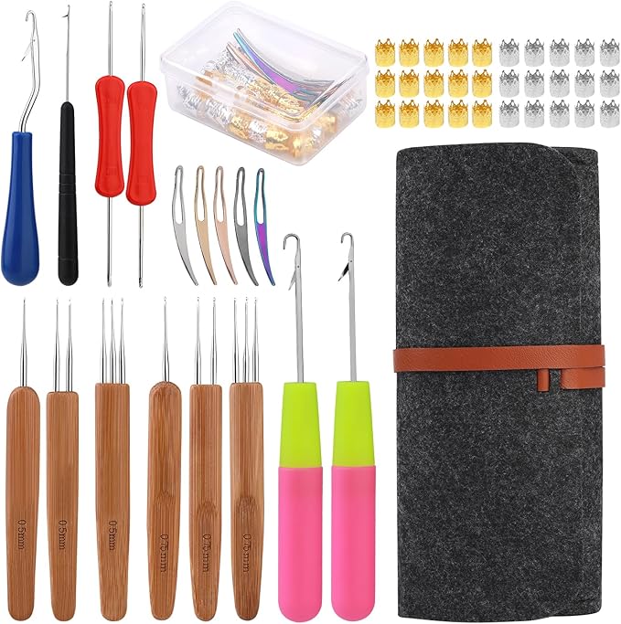 Dreadlock Crochet Hook, 48 Pcs Loc Crochet Needle, 6 Dreadlock Crochet Needle, Crochet Hooks for Hair, Different Size Bent Latch Hook with Case and Dreadlocks Tool (Dark Gray)