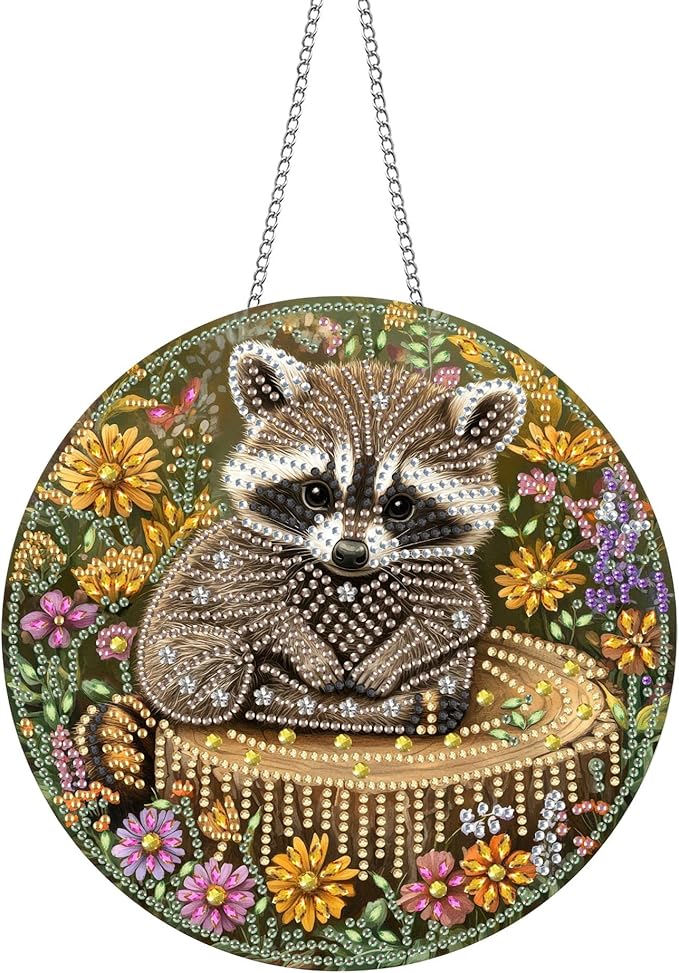 Pavemlo Hanging Diamond Art Kits for Adults Raccoon – 8x8 Inch Double-Sided Acrylic Board DIY Crystal Diamond Suncatcher Pendant, Sparkling Home Wall or Window Decoration Handmade Gift