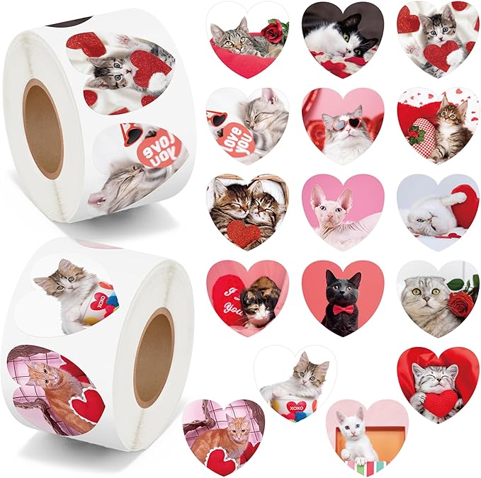 beyumi valentine realistic cat sticker - 1000pcs valentine's day realistic cat stickers in 2 rolls for kids valentine animal heart waterproof decal greeting card envelope scrapbooking party gift decor