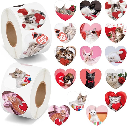 beyumi valentine realistic cat sticker - 1000pcs valentine's day realistic cat stickers in 2 rolls for kids valentine animal heart waterproof decal greeting card envelope scrapbooking party gift decor