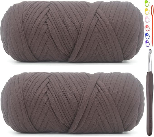 2 Pack Tshirt Yarn for Crocheting,Brown T Shirt Chunky Elastic Fabric Thick T-Shirt Crochet Yarn for Beginners Crocheting Hand Knitting Bag/Basket/Coasters/DIY Crafts/Home Decor 2 * 200G(Dark Coffee