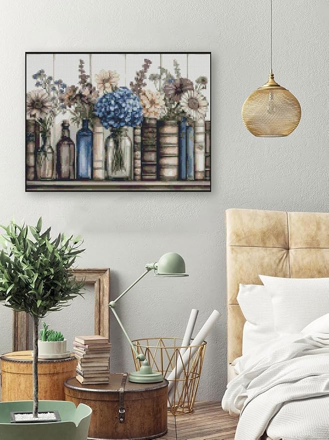 stamping cross stitch kit books flowers, counting cross stitch kit for adult beginners, with glass bottles full line diy cross stitch stitching kit for home decor cross stitch patterns 15.7x11.8inches