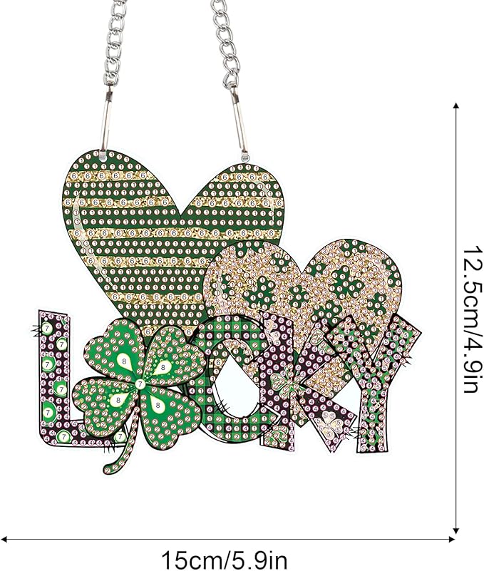 DIY Diamond Painting Hanging Ornament – St. Patrick’s Day Lucky Sign with Shamrock and Hearts, 5D Green Rhinestone Craft for Wall Door Festival Decor