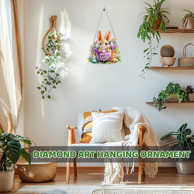 MEIYUDA Easter Bunny Diamond Art Hanging Kits for Adult, Happy Easter Diamond Painting Hanging Kits Ornaments, DIY Colorful Egg Special Shaped Rhinestone Window Pendant for Home Garden Wall Decor Gift