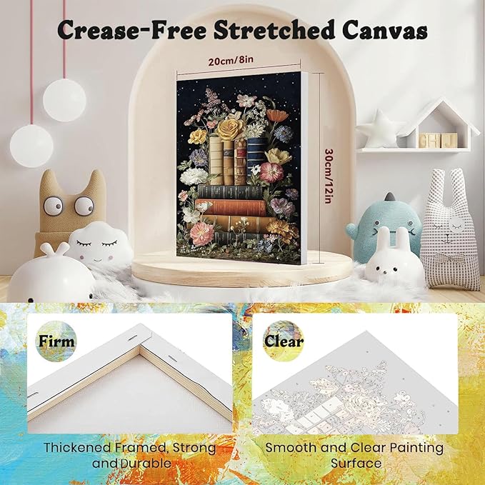 xackcme Book Paint by Numbers for Adults with Framed Canvas - with Wooden Easel, Flowers Paint by Number on Canvas, DIY Books Acrylic Oil Painting Kits with Brushes for Home Wall Decor (8x12 inch)