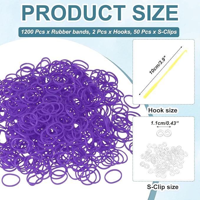 MECCANIXITY 1200 Pcs Loom Rubber Bands Kit with 50 Pcs S-Clips 2-Hooks Rubber Bands Refill Bracelet Making Kits for Weaving DIY Handcrafts Gift, Purple