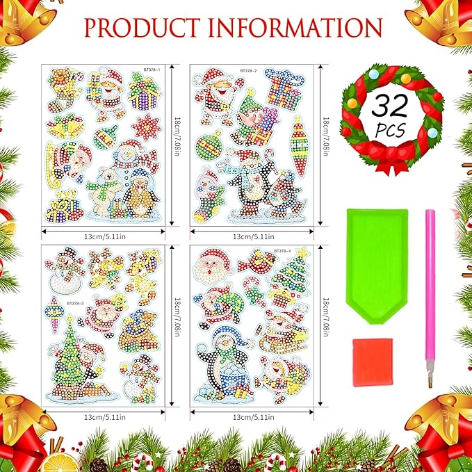Viicoor 32PCS Christmas Diamond Painting Sticker Kit, Xmas DIY Creative Diamond Art Sticker Craft by Numbers Kits
