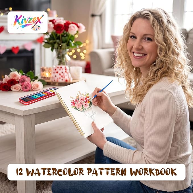 Valentine's Day Watercolor Workbook for Adults, Beginner Friendly Watercolor Painting Kit Pattern Water Coloring Book, Valentines Themed Practice Art Gift Water Color Paint Book with Palette Brush