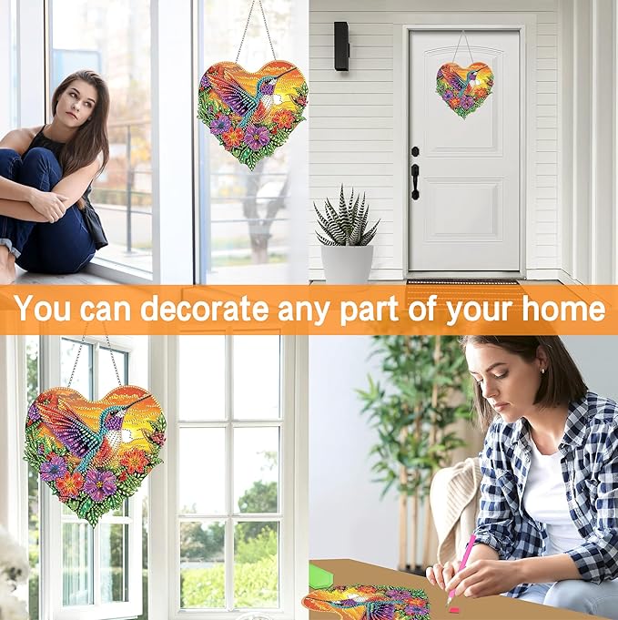 Ginfonr Diamond Painting Kits Hanging Pendant, Hummingbird Diamond Art Kits for Adults, Special Shaped Rhinestone Landscape Diamond Art, Double Sided Hanging Kits for Garden Wall Window 8 x 8 inch