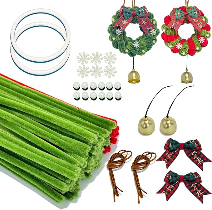 TINLOK Christmas DIY Crafts Kit - 159 Pcs Wreath Making Kit for 2 Pack 7.1 Inch Christmas Ornaments, Easy to Make Holiday Wreath Decor for Tree, Home, Xmas Party Gift for Family