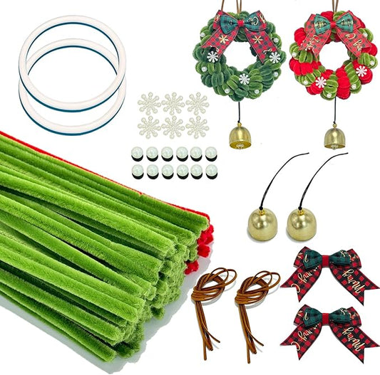 TINLOK Christmas DIY Crafts Kit - 159 Pcs Wreath Making Kit for 2 Pack 7.1 Inch Christmas Ornaments, Easy to Make Holiday Wreath Decor for Tree, Home, Xmas Party Gift for Family