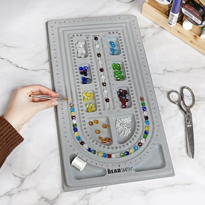The Beadsmith Bead Board, Grey Flocked, 3 U-Shape and 3 Straight Channels, 10 x 18.5 inches, Design Boards for Creating Bracelets, Necklaces and Other Jewelry