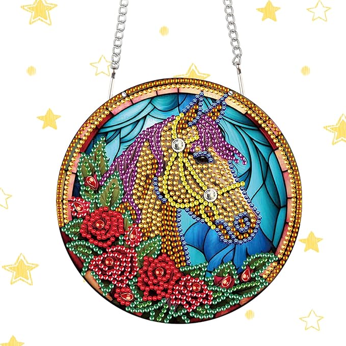 LazyFold Hanging Ornament, Diamond Painting Kits Hanging Pendants - DIY Horse Rose 5D Crystal Rhinestone Art, Home Garden Wall Door Birthday Festival Gift