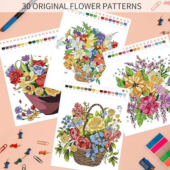 Jadeso Color by Number Adult Coloring Book, 30 Pages of Beautiful Flowers Patterns, Spiral Bound Color by Numbers for Adults Relaxation, Stress-Free Coloring by Numbers, Thick Smooth Paper