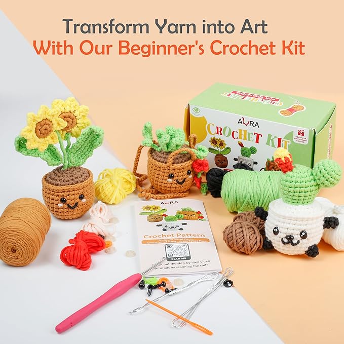 A-URA 3-in-1 Learn to Crochet Kit for Beginners Kids and Adults, Premium Pattern Sunflower, Panda Cactus, Hanging Pot Plant Beginner Crochet Kits with Easy Tube Yarn & Step-by-Step Video Tutorials