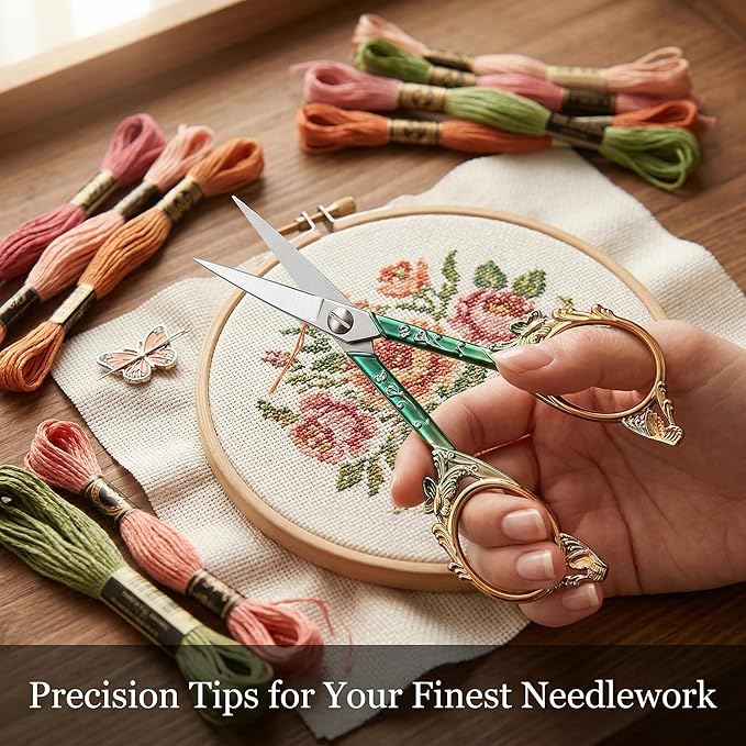Crochet Scissors with Cover – Green Gold Vintage Small Embroidery Scissors, Sharp Craft Scissors for Yarn Thread Sewing Needlework, Cute Butterfly Design Gift for Crocheter Quilter, 4.6 Inch
