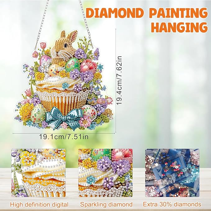 MAXBYE Easter DIY Diamond Art Kits for Adults Hanging Pendant Bunny in a Bamboo Basket, Painting Diamond Gem Art Hanging Kits for Beginners Gift Window Wall Door Decoration 8×12Inch