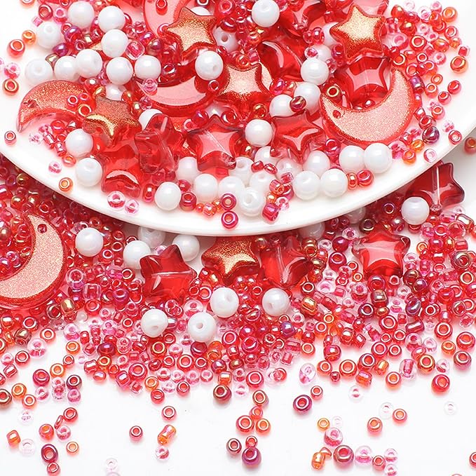 Mixed Star Moon Crystal Glass Beads Seedbeads Loose Round Pearl Beads for Jewelry Making Craft Bracelets Necklaces Earrings DIY Crafts Projects Red Glass Spacer Bead Kits for Crafts