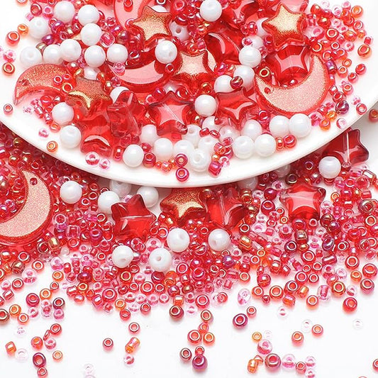 Mixed Star Moon Crystal Glass Beads Seedbeads Loose Round Pearl Beads for Jewelry Making Craft Bracelets Necklaces Earrings DIY Crafts Projects Red Glass Spacer Bead Kits for Crafts