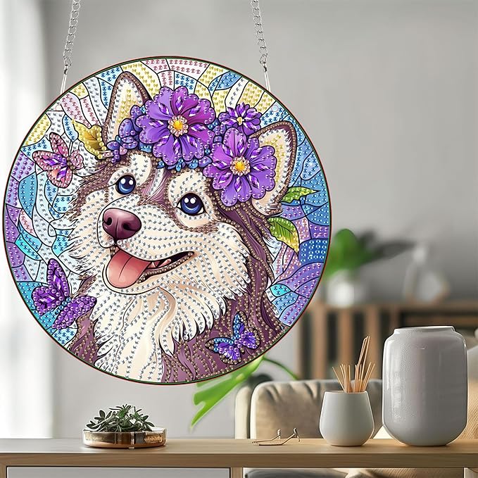 Bimkole Smiling Dog Diamond Art Hanging Kit for Adult, DIY 5D Diamond Art Animal Window Pendant, Acrylic Crystal Art Hanging Ornament Home Wall Garden Front Door Sign Outdoor Decor 7.8x7.8 Inch