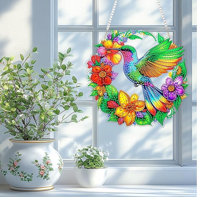 TOSTOG Hanging Diamond Art Kits for Adults, Colorful Hummingbird Diamond Paintings for Adults, Diamond Art Kits Window Pendant, 5D Diamond Paintings Hanging Pendant Kit Gem Painting Wall Decor Gift