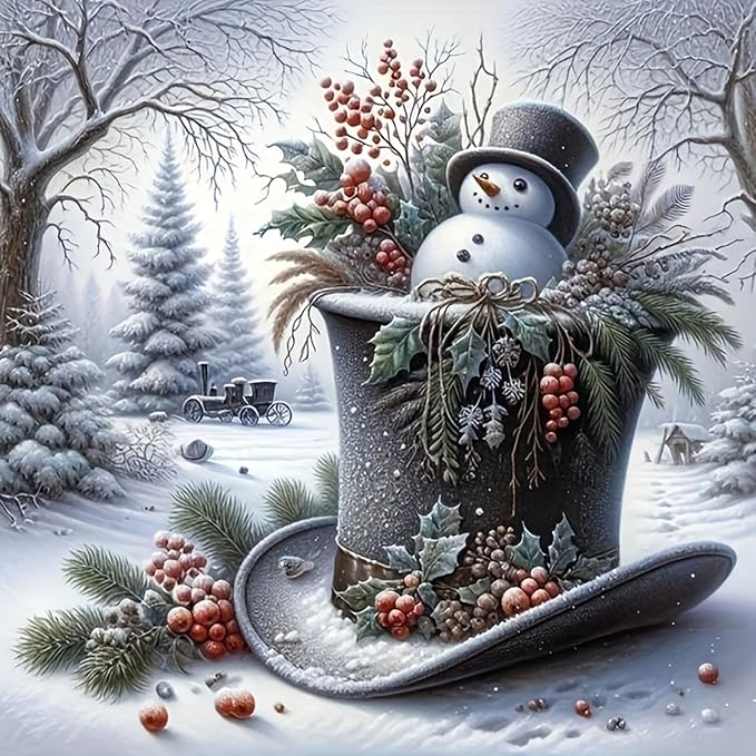 Christmas Diamond Painting Kits for Adult, Xmas Snowman Hat Forest Diamond Art Kits for Beginner, 5D DIY Full Drill Winter Holiday Rhinestone Diamond Dots Gem Painting Art Craft Home Decor 14 x14 Inch