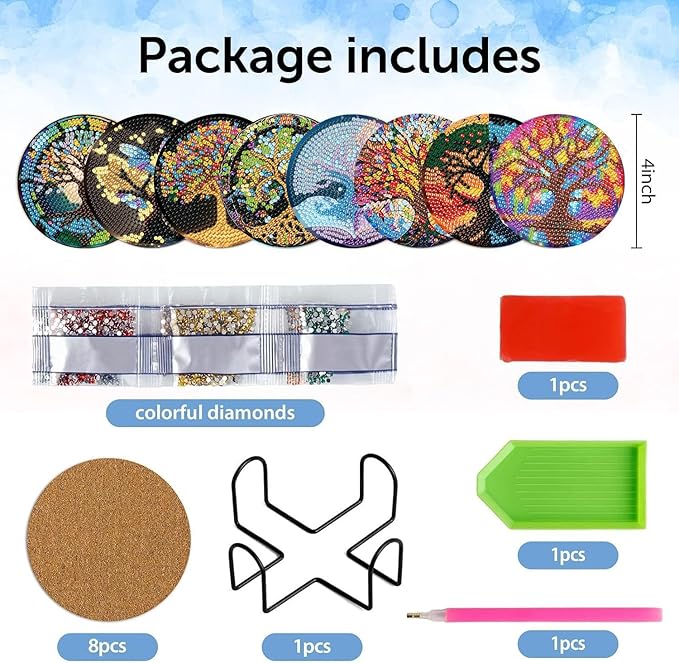 igoodom 8 Pcs Tree of Life Diamond Art Coasters Kit with Holder, DIY Tree Diamond Painting Coasters for Beginners Adults, Non Slip Diamond Art Kits Craft Supplies 4x4inch