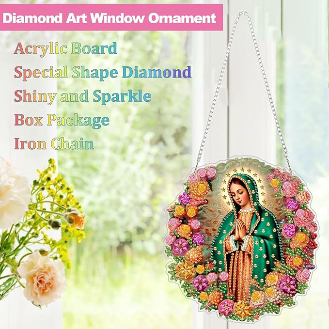 CEOVR Virgin Mary Hanging Diamond Art Kits for Adults, Prayer Special Shape Religious Diamond Painting DIY Gem Art, Windows Pendant Ornament with Chain, Acrylic Home Garden Decor, Box Kit 7.07x7.61In